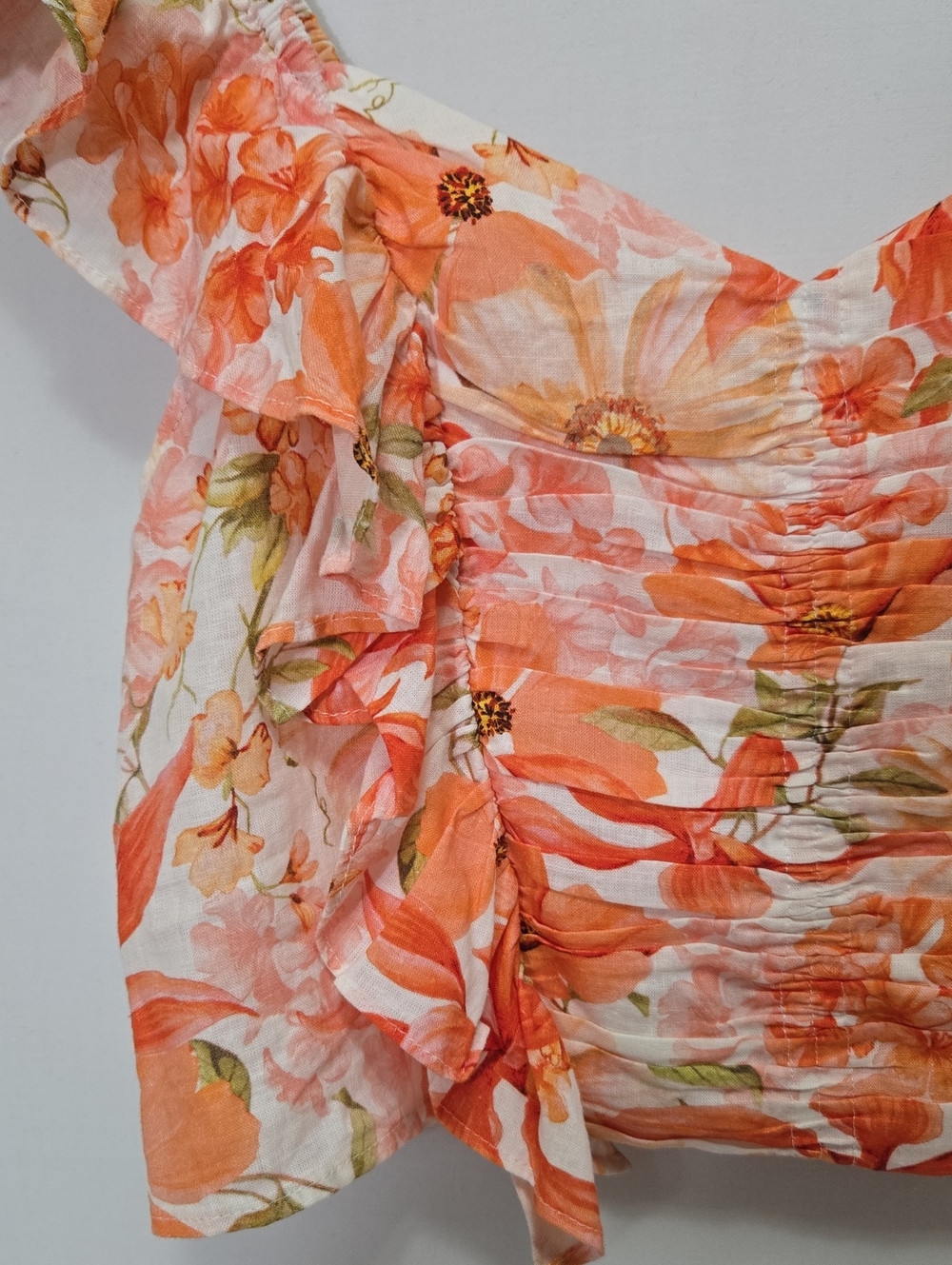 H&M Linen Blend Floral Cropped Blouse Top Size L Ruched Resort Ruffle Flutter - Picture 6 of 11